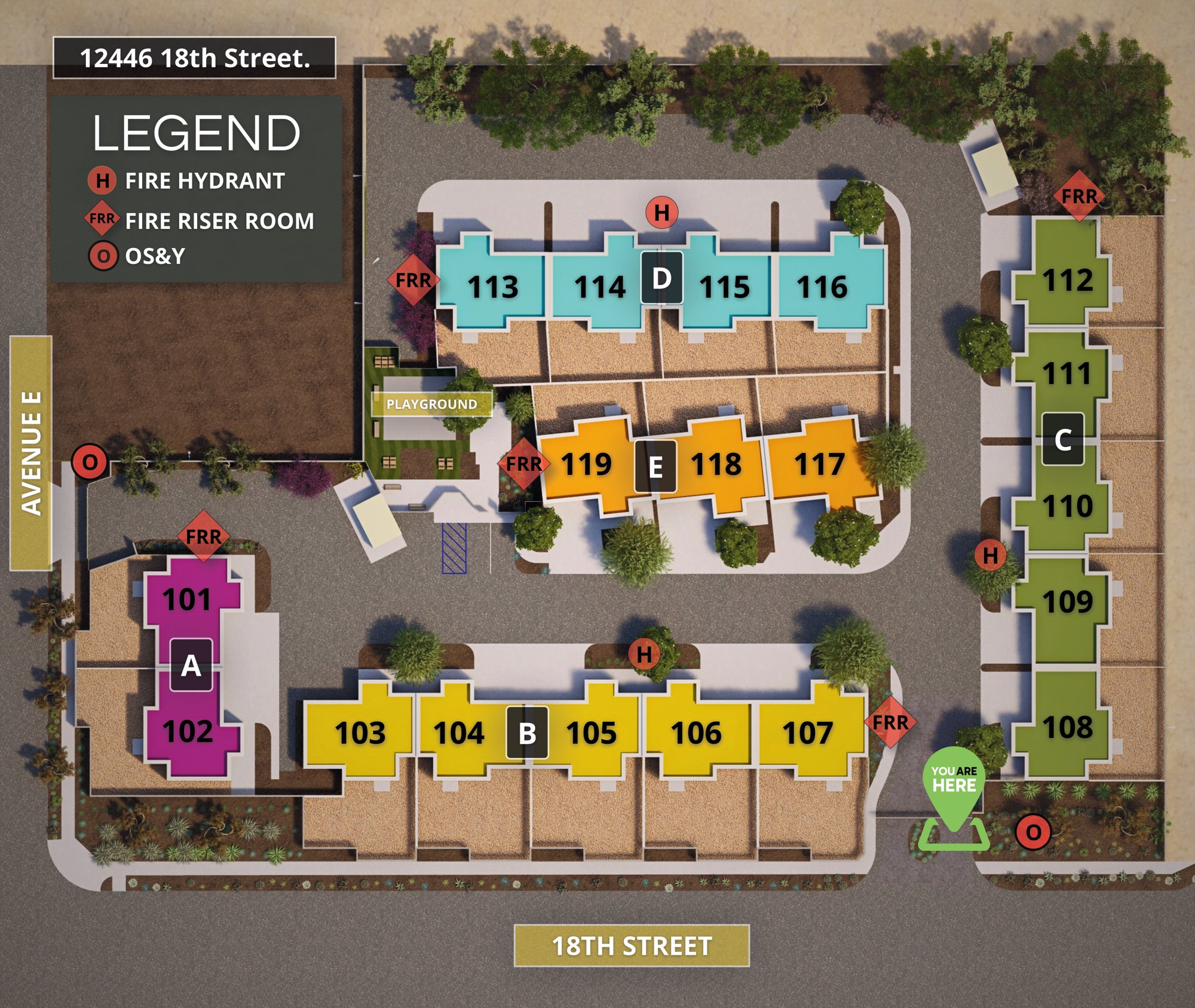 Site plan showing Buildings A through E and units 101 to 119